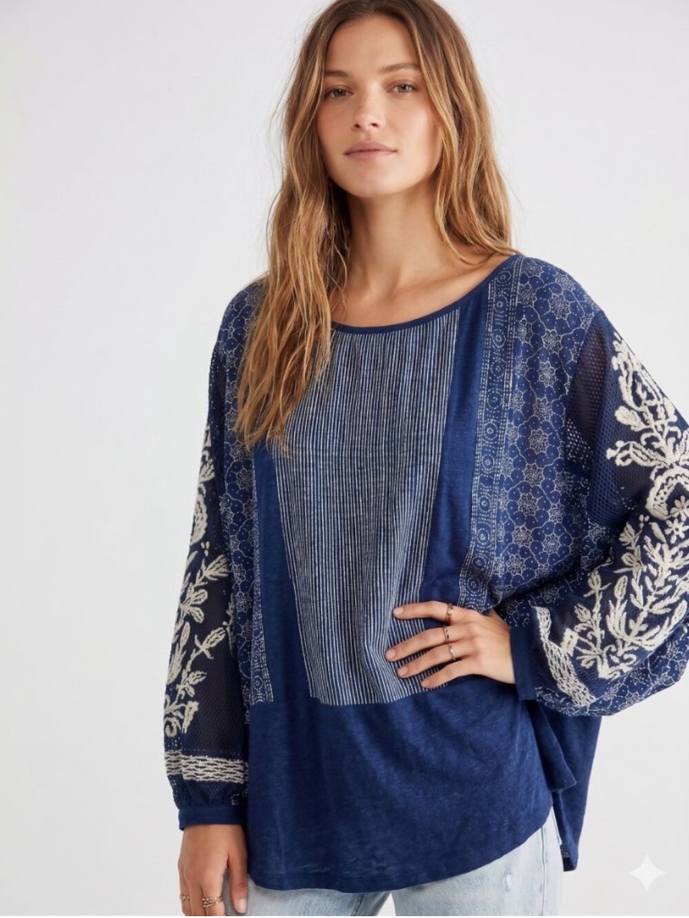Free People Indigo Dreams Embroidered Top
